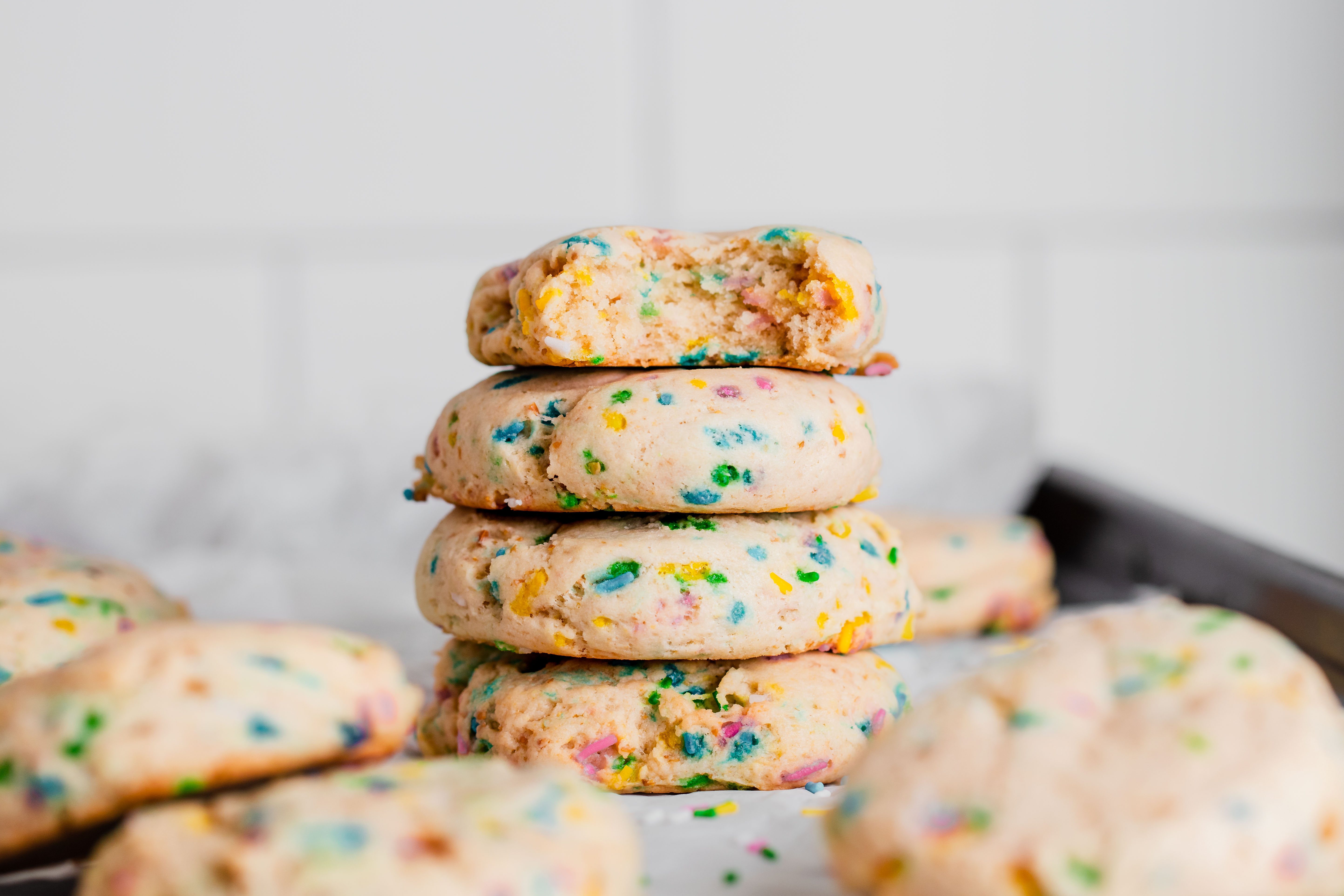 soft sugar cookie stack with a bit out of the top one