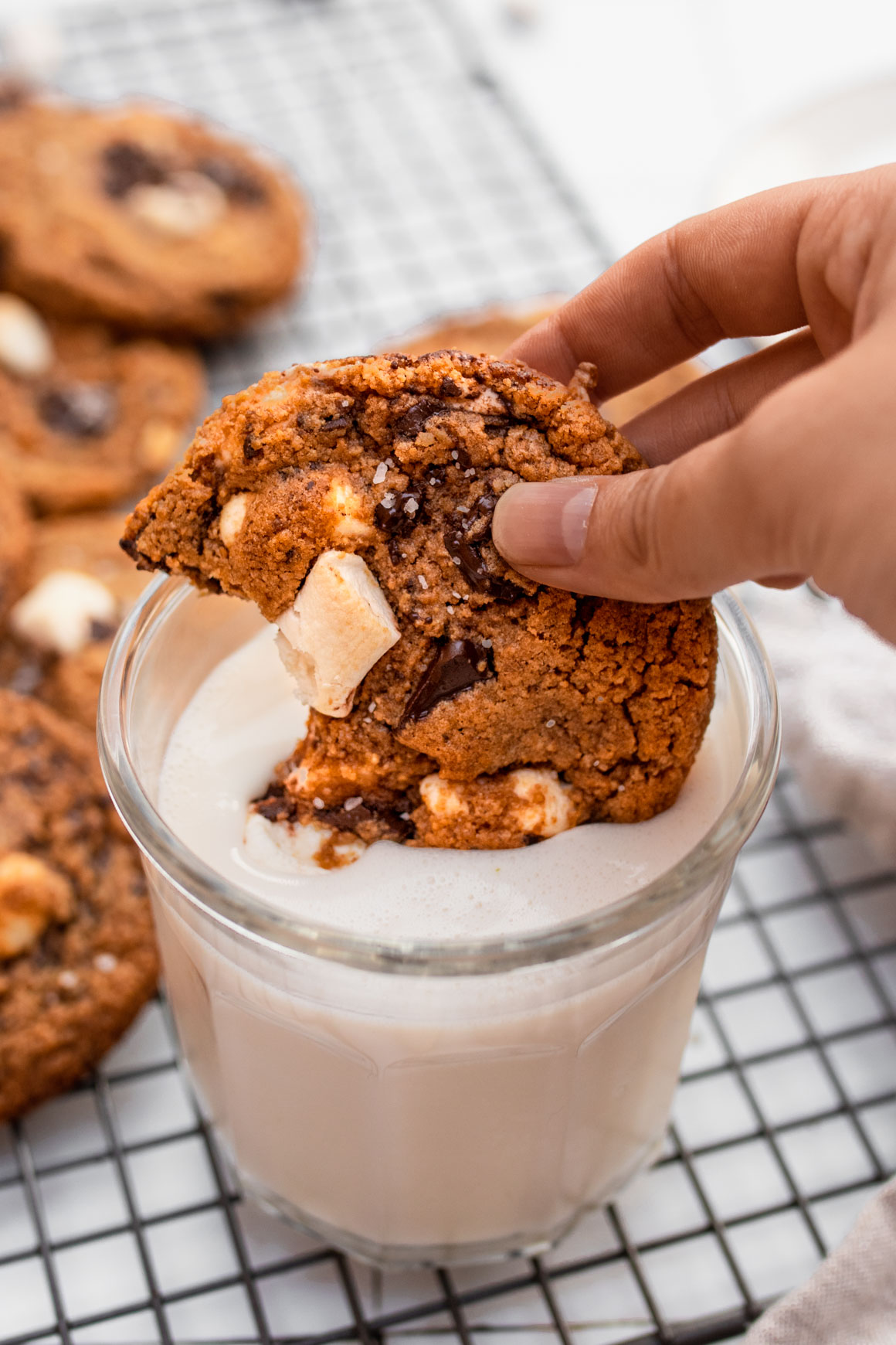 dipping a vegan s'mores cookie in milk