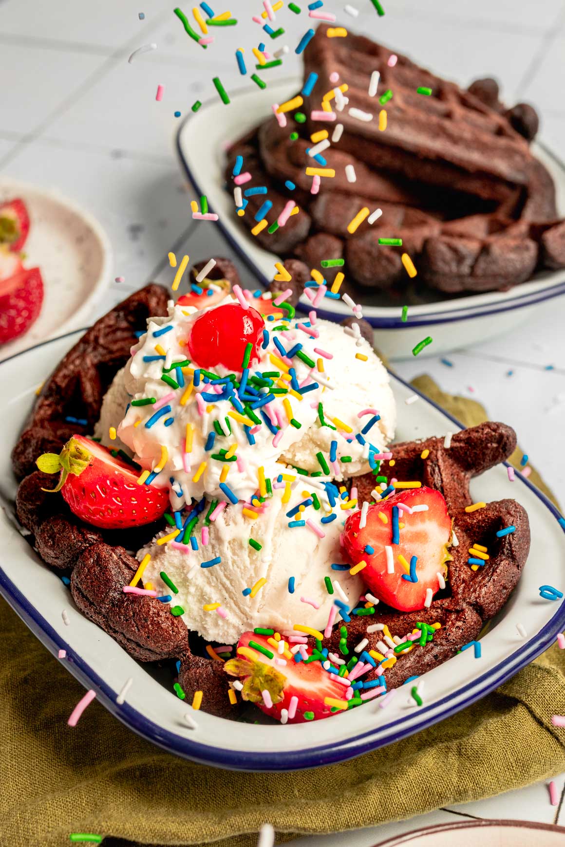 chocolate waffle ice cream sundae with sprinkles