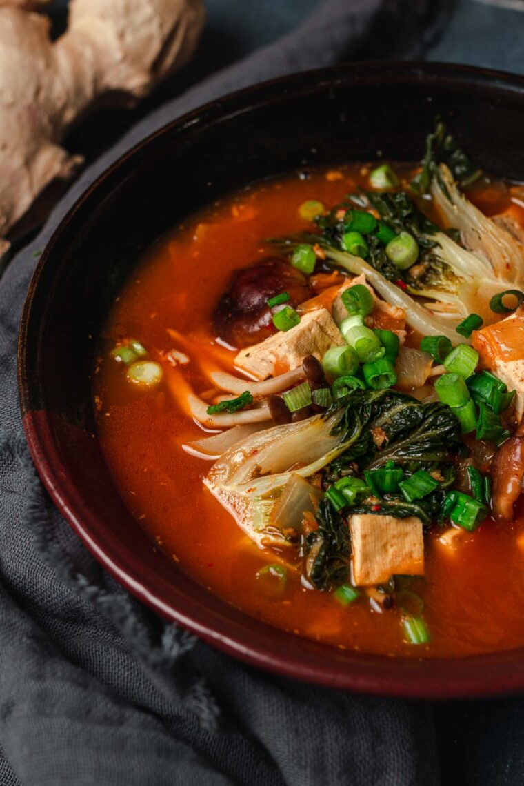 Vegan Kimchi Soup with Tofu, Mushrooms, & Bok Choy Two Market Girls