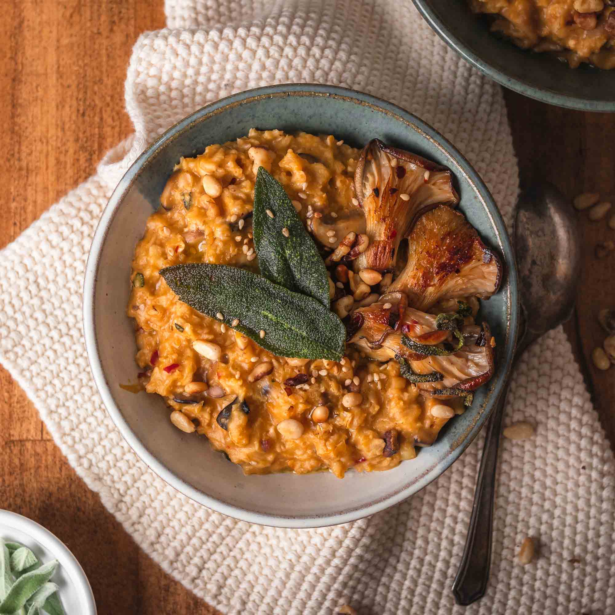 Creamy Mushroom Oatmeal with Fried Sage Leaves Two Market Girls